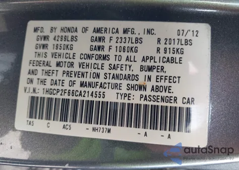 2012 Honda Accord 2.4 Se from USA, damaged, VIN 1HGCP2F66CA214555